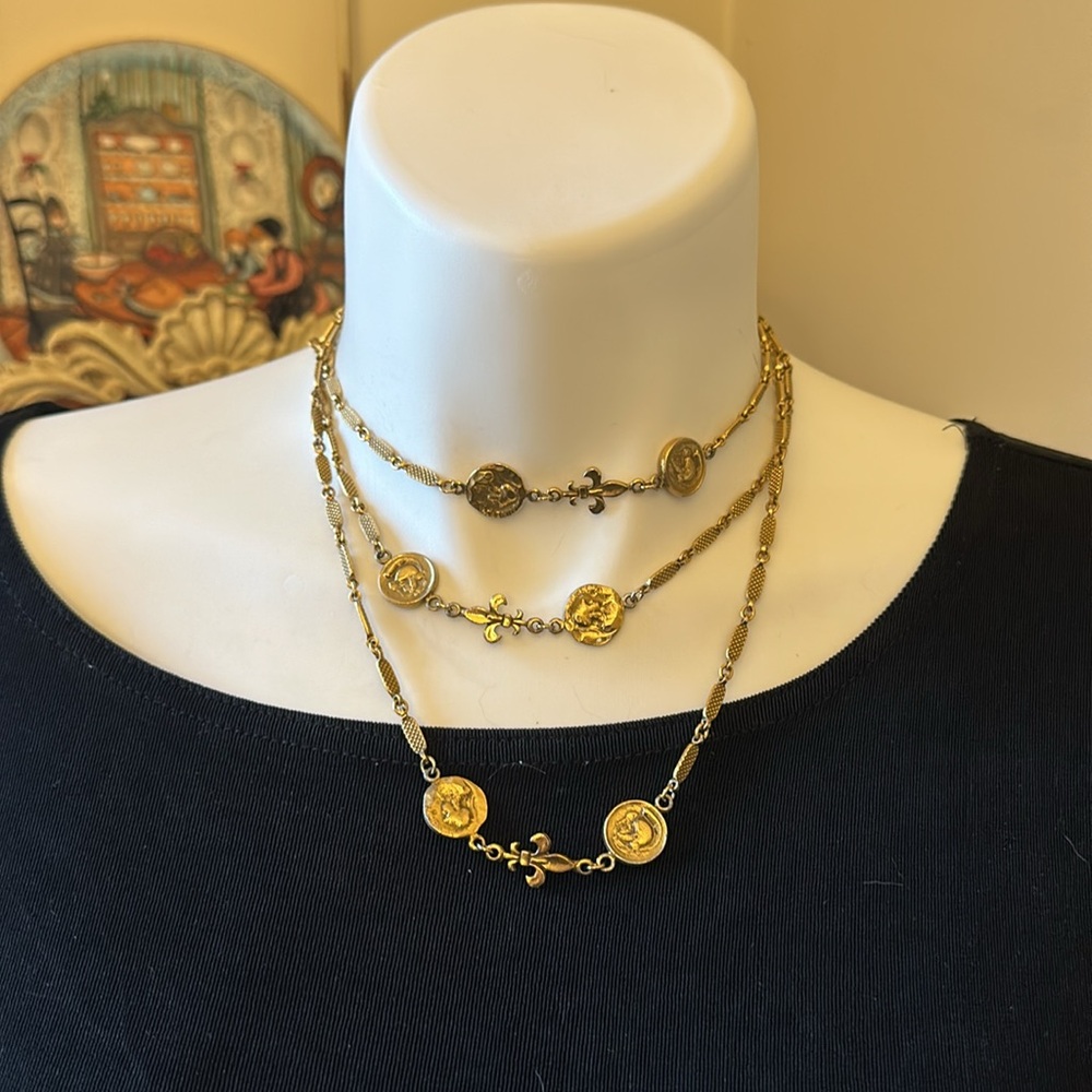 Stunning 54” vintage Corocraft hand-wired fleur de lis, French coin necklace